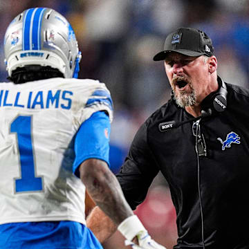 Detroit Lions head coach Dan Campbell celebrates with wide receiver Jameson Williams (1) after a touchdown against Washington Commanders during the second half at Northwest Stadium in Landover, Md. on Sunday, November 9, 2025.