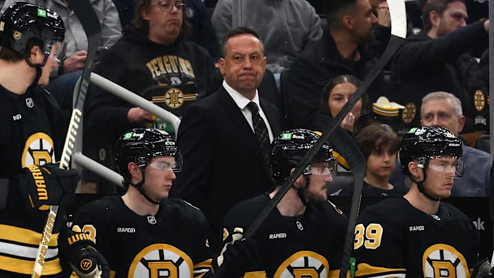 Mar 3, 2026; Boston, Massachusetts, USA; Boston Bruins head coach Marco Sturm behind the bench during the third period against the Pittsburgh Penguins at TD Garden. Mandatory Credit: Winslow Townson-Imagn Images