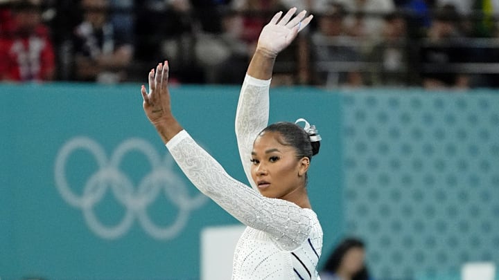 Aug 5, 2024; Paris, France; Jordan Chiles of the United States competes on the floor exercise on day three of the gymnastics event finals during the Paris 2024 Olympic Summer Games. Mandatory Credit: Jack Gruber-Imagn Images