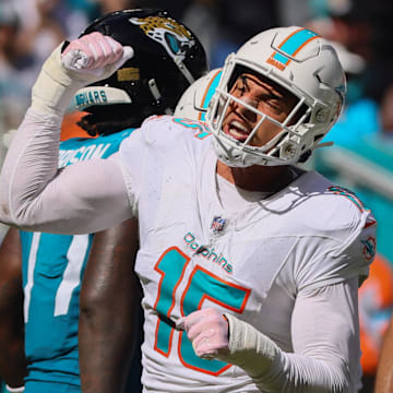 Miami Dolphins linebacker Jaelan Phillips (15) celebrates after sacking Jacksonville Jaguars quarterback Trevor Lawrence during the fourth quarter at Hard Rock Stadium in the 2024 season opener.