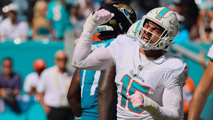 Miami Dolphins linebacker Jaelan Phillips (15) celebrates after sacking Jacksonville Jaguars quarterback Trevor Lawrence (not pictured) during the fourth quarter at Hard Rock Stadium.