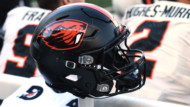 Oct 9, 2021; Pullman, Washington, USA; Oregon State Beavers helmet sits during a game against the Washington State Cougars in the first half at Gesa Field at Martin Stadium. Mandatory Credit: James Snook-USA TODAY Sports