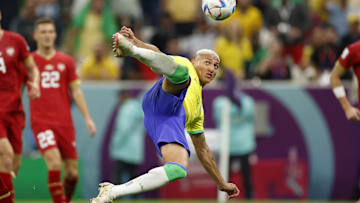Nov 24, 2022; Lusail, Qatar; Brazil forward Richarlison (9) scores a goal against Serbia during the second half in a group stage match during the 2022 World Cup at Lusail Stadium. Mandatory Credit: Yukihito Taguchi-Imagn Images