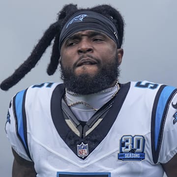 Sep 15, 2024; Charlotte, North Carolina, USA; Carolina Panthers wide receiver Diontae Johnson (5) takes the field against the Los Angeles Chargers during the first quarter at Bank of America Stadium. Mandatory Credit: Jim Dedmon-Imagn Images