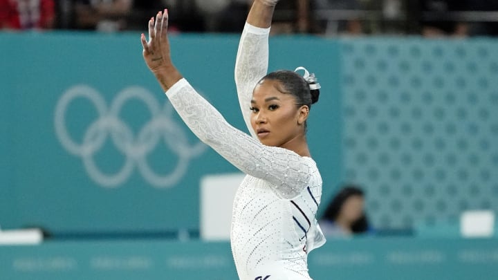 Aug 5, 2024; Paris, France; Jordan Chiles of the United States competes on the floor exercise on day three of the gymnastics event finals during the Paris 2024 Olympic Summer Games. Mandatory Credit: Jack Gruber-USA TODAY Sports