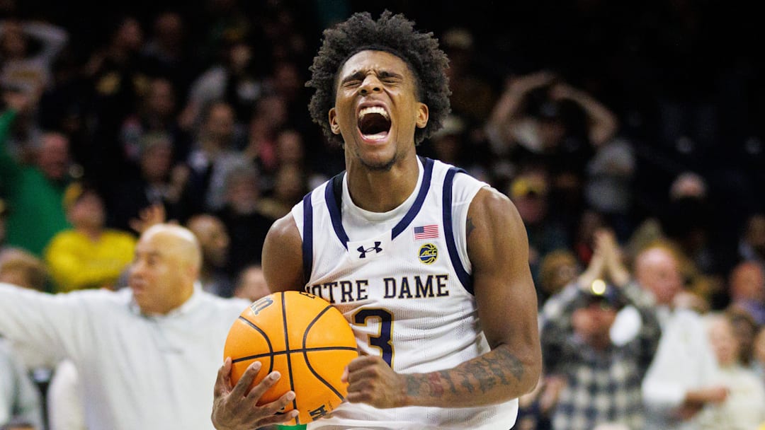 Notre Dame guard Markus Burton celebrates during a NCAA men's basketball game against Missouri at Purcell Pavilion on Tuesday, Dec. 2, 2025, in South Bend.