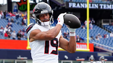 Oct 13, 2024; Foxborough, Massachusetts, USA; Houston Texans wide receiver Xavier Hutchinson (19) warms up prior to the game against the New England Patriots at Gillette Stadium.