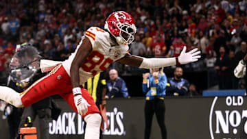 [US, Mexico & Canada customers only] Sep 5, 2025; Sao Paulo, BRAZIL; Kansas City Chiefs wide receiver Jason Brownlee (89) reaches for the ball against Los Angeles Chargers cornerback Donte Jackson (26) during a NFL game at Corinthians Arena. Mandatory Credit: Jean Carniel/Reuters via Imagn Images