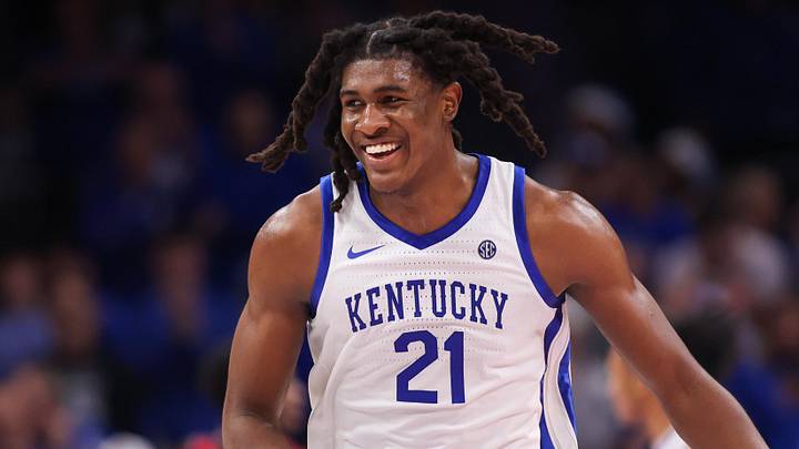 Dec 20, 2025; Atlanta, Georgia, USA; Kentucky Wildcats forward Jayden Quaintance (21) shows emotion against the St. John Red Storm in the second half at State Farm Arena. Mandatory Credit: Brett Davis-Imagn Images
