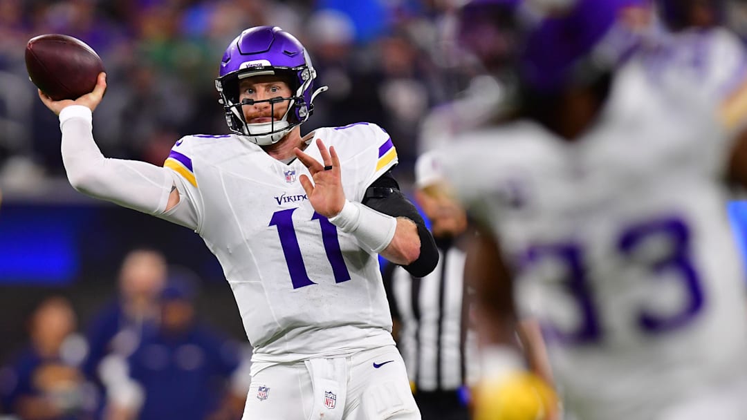 Minnesota Vikings quarterback Carson Wentz (11) drops back to pass against the Los Angeles Chargers during the second half at SoFi Stadium during the 2025 season.
