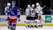 Dec 9, 2024; New York, New York, USA; Chicago Blackhawks left wing Tyler Bertuzzi (59) celebrates his goal against the New York Rangers with teammates during the first period at Madison Square Garden. Mandatory Credit: Brad Penner-Imagn Images