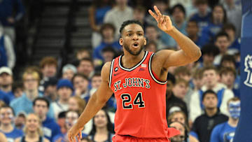 Jan 13, 2024; Omaha, Nebraska, USA;  St. John's basketball forward Zuby Ejiofor (24) gestures against the Creighton Bluejays in the first half at CHI Health Center Omaha. Mandatory Credit: Steven Branscombe-Imagn Images