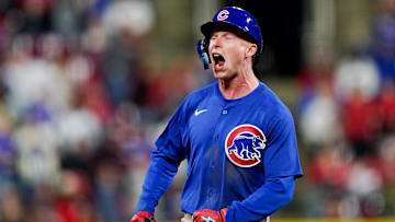 Chicago Cubs outfielder Pete Crow-Armstrong (4) celebrates while running the bases after scoring a homer in the seventh inning of the MLB National League game between the Cincinnati Reds and Chicago Cubs, Friday, May 23, 2025, at Great American Ball Park in Downtown Cincinnati.