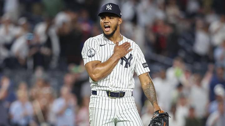 May 19, 2026; Bronx, New York, USA;  New York Yankees relief pitcher Camilo Doval (75) reacts after recording a save against the New York Yankees at Yankee Stadium. Mandatory Credit: Wendell Cruz-Imagn Images