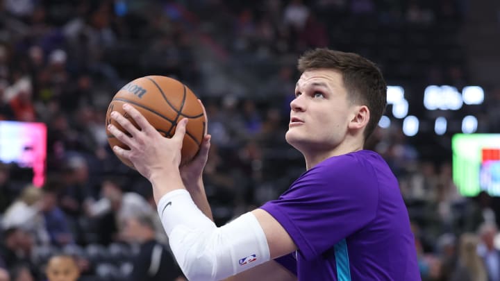 Mar 27, 2023; Salt Lake City, Utah, USA; Utah Jazz center Walker Kessler (24) warms up before a game against the Phoenix Suns at Vivint Arena. Mandatory Credit: Rob Gray-USA TODAY Sports