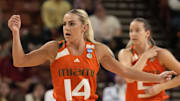 Mar 26, 2023; Greenville, SC, USA; Miami Hurricanes guard Haley Cavinder (14) during the NCAA Women   s Tournament against the LSU Lady Tigersat Bon Secours Wellness Arena. Mandatory Credit: Jim Dedmon-Imagn Images