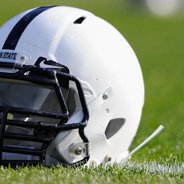Nov 16, 2013; University Park, PA, USA; General view of a Penn State Nittany Lions helmet prior to the game against the Purdue Boilermakers at Beaver Stadium.  Mandatory Credit: Rich Barnes-Imagn Images