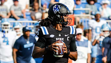 Sep 28, 2024; Durham, North Carolina, USA; Duke Blue Devils quarterback Maalik Murphy (6) prepares to throw the football during the first half of the game against North Carolina Tar Heels at Wallace Wade Stadium.