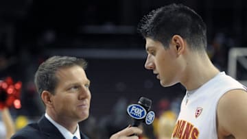 Dec 5, 2010; Los Angeles, CA, USA; Fox Sports Net reporter Patrick O'Neal (left) interviews Southern California Trojans forward Nikola Vucevic after the game against the Texas Longhorns at the Galen Center. USC defeated Texas 73-56. 