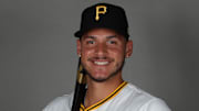 Feb 18, 2025; Bradenton, FL, USA; Pittsburgh Pirates catcher Abrahan Gutierrez (73) poses for a photo during media day at Pirate City. Mandatory Credit: Kim Klement Neitzel-Imagn Images