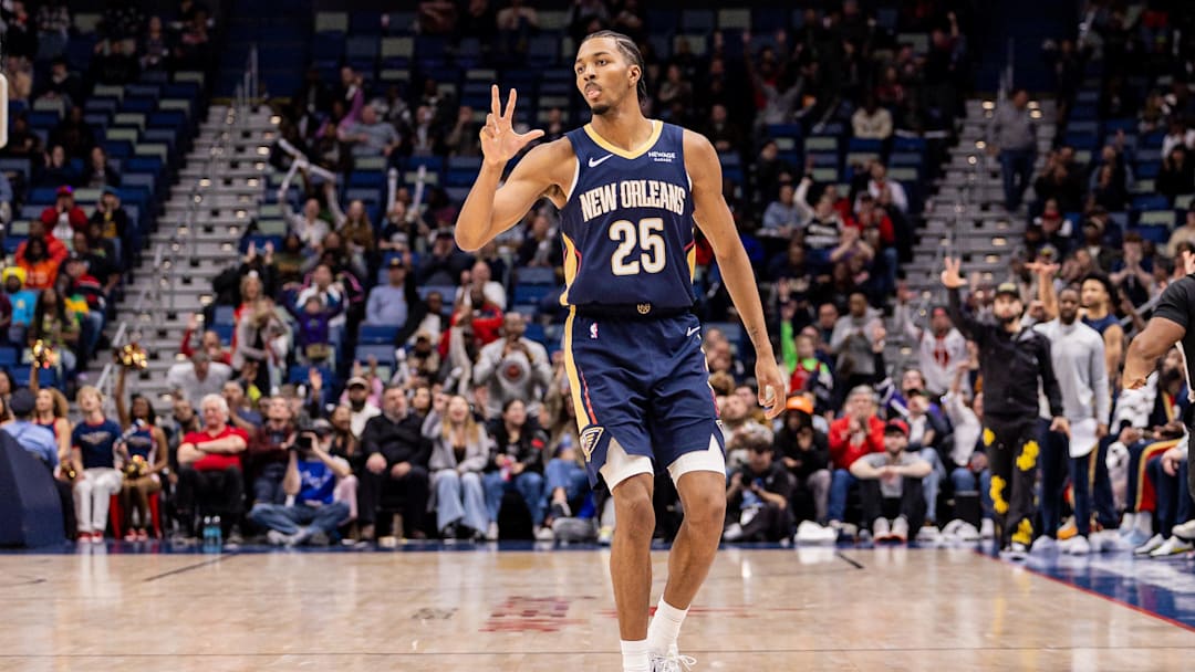 Jan 14, 2026; New Orleans, Louisiana, USA; New Orleans Pelicans forward Trey Murphy III (25) reacts to making a three point basket against the Brooklyn Nets during the second half at Smoothie King Center. 