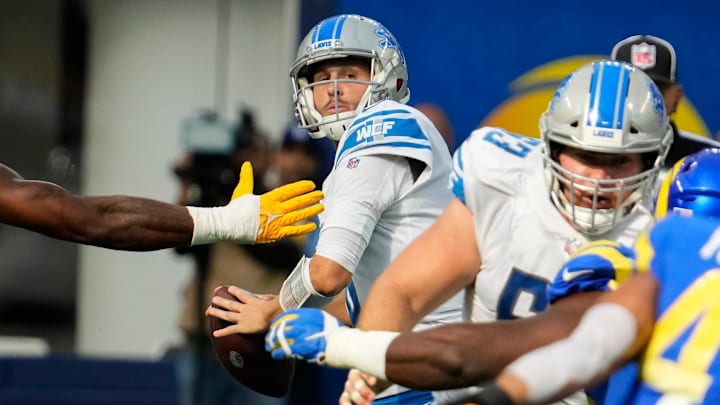 Oct 24, 2021; Inglewood, California, USA; Los Angeles Rams outside linebacker Leonard Floyd (54) pressures Detroit Lions quarterback Jared Goff (16) during the third quarter at SoFi Stadium.