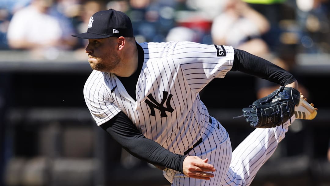 Feb 21, 2026; Tampa, Florida, USA; New York Yankees pitcher David Bednar (53) throws a pitch against the Detroit Tigers during the fourth inning in a Spring Training game at George M. Steinbrenner Field. Mandatory Credit: Morgan Tencza-Imagn Images