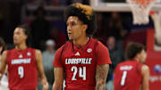 Jan 21, 2025; Dallas, Texas, USA; Louisville Cardinals guard Chucky Hepburn (24) reacts after a made basket against the SMU Mustangs during the second half at Moody Coliseum. Mandatory Credit: Raymond Carlin III-Imagn Images
