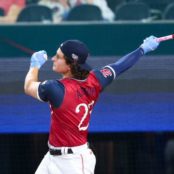 Jul 13, 2024; Arlington, TX, USA;  American League Future  outfielder Roman Anthony (23) hits a home run during the Futures Skills Showcase at Globe Life Field.  Mandatory Credit: Kevin Jairaj-USA TODAY Sports