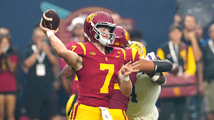 Sep 1, 2024; Paradise, Nevada, USA; Southern California Trojans quarterback Miller Moss (7) throws a pass against the LSU Tigers during the first quarter at Allegiant Stadium. Mandatory Credit: Stephen R. Sylvanie-Imagn Images