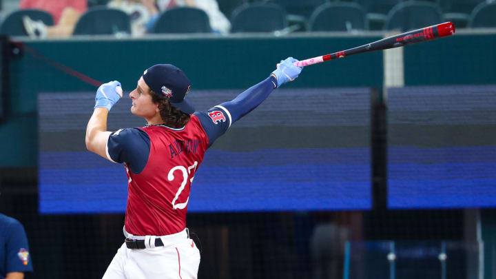 Jul 13, 2024; Arlington, TX, USA;  American League Future  outfielder Roman Anthony (23) hits a home run during the Futures Skills Showcase at Globe Life Field.  Mandatory Credit: Kevin Jairaj-USA TODAY Sports