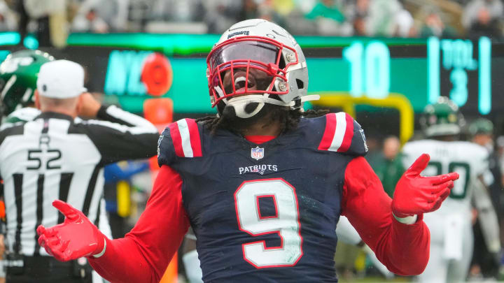 Former New England Patriots linebacker Matthew Judon celebrates at MetLife Stadium.