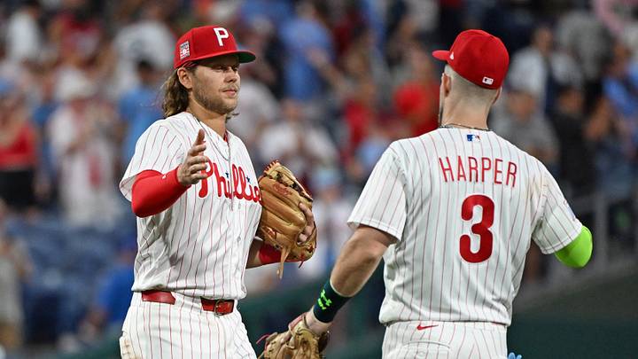 Jul 26, 2026; Philadelphia, Pennsylvania, USA; Philadelphia Phillies third baseman Alec Bohm (28) and  first baseman Bryce Harper (3) celebrate win against the New York Yankees at Citizens Bank Park. Mandatory Credit: Eric Hartline-Imagn Images