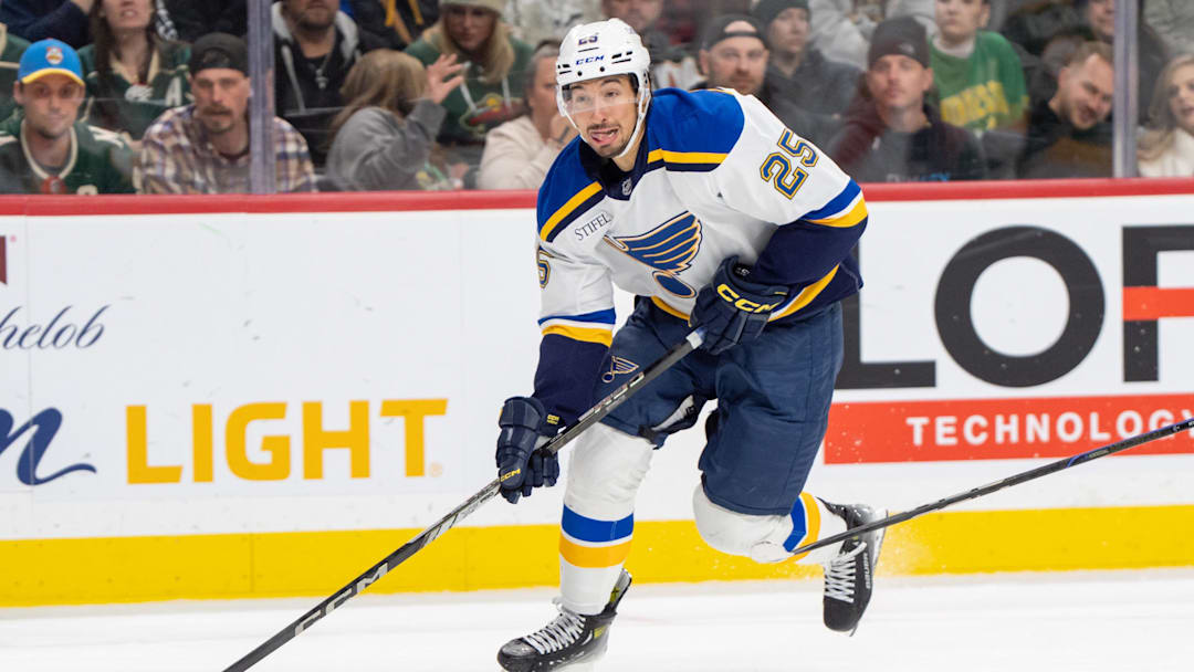 Mar 15, 2025; Saint Paul, Minnesota, USA; St. Louis Blues center Jordan Kyrou (25) gets a breakaway and will score on a wrap-around behind the Minnesota Wild net in the third period at Xcel Energy Center. Mandatory Credit: Matt Blewett-Imagn Images