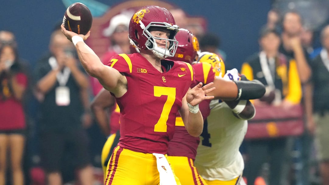 Sep 1, 2024; Paradise, Nevada, USA; Southern California Trojans quarterback Miller Moss (7) throws a pass against the LSU Tigers during the first quarter at Allegiant Stadium. Mandatory Credit: Stephen R. Sylvanie-USA TODAY Sports