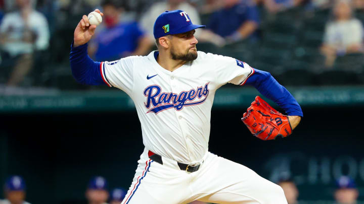 Aug 17, 2024; Arlington, Texas, USA;  Texas Rangers starting pitcher Nathan Eovaldi (17) throws  against the Minnesota Twins during the first inning  at Globe Life Field. Mandatory Credit: Kevin Jairaj-USA TODAY Sports