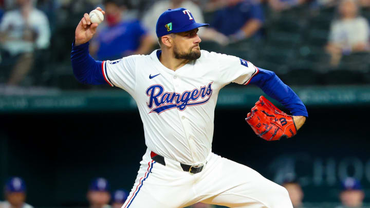 Aug 17, 2024; Arlington, Texas, USA;  Texas Rangers starting pitcher Nathan Eovaldi (17) throws  against the Minnesota Twins during the first inning  at Globe Life Field. Mandatory Credit: Kevin Jairaj-USA TODAY Sports