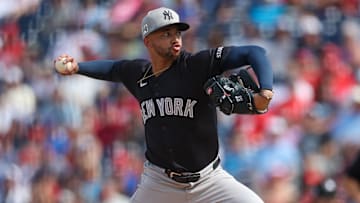 Mar 4, 2025; Clearwater, Florida, USA; New York Yankees pitcher Devin Williams (38) throws a pitch against the Philadelphia Phillies in the fourth inning during spring training at BayCare Ballpark. Mandatory Credit: Nathan Ray Seebeck-Imagn Images