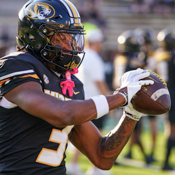 Aug 29, 2024; Columbia, Missouri, USA; Missouri Tigers wide receiver Luther Burden III (3) warms up against the Murray State Racers prior to a game at Faurot Field at Memorial Stadium. Mandatory Credit: Denny Medley-Imagn Images