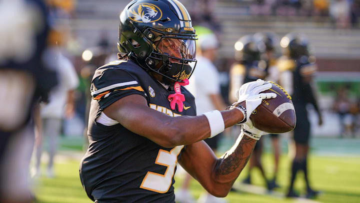 Aug 29, 2024; Columbia, Missouri, USA; Missouri Tigers wide receiver Luther Burden III (3) warms up against the Murray State Racers prior to a game at Faurot Field at Memorial Stadium. Mandatory Credit: Denny Medley-Imagn Images