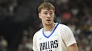 Jul 10, 2025; Las Vegas, NV, USA; Dallas Mavericks forward Cooper Flagg (32) looks on in the first quarter of the game against the Los Angeles Lakers at Thomas & Mack Center. Mandatory Credit: Candice Ward-Imagn Images