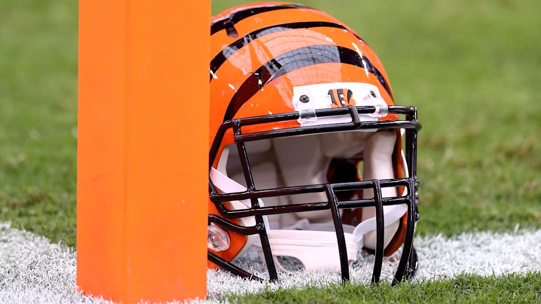 Aug 24, 2014; Glendale, AZ, USA; Detailed view of a Cincinnati Bengals helmet on the field next to the end zone scoring pylon against the Arizona Cardinals at University of Phoenix Stadium. Mandatory Credit: Mark J. Rebilas-Imagn Images