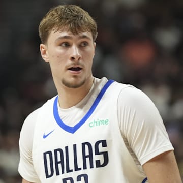 Jul 10, 2025; Las Vegas, NV, USA; Dallas Mavericks forward Cooper Flagg (32) looks on in the first quarter of the game against the Los Angeles Lakers at Thomas & Mack Center. Mandatory Credit: Candice Ward-Imagn Images