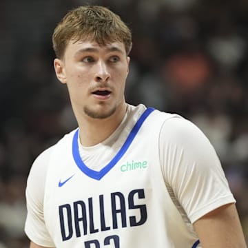 Jul 10, 2025; Las Vegas, NV, USA; Dallas Mavericks forward Cooper Flagg (32) looks on in the first quarter of the game against the Los Angeles Lakers at Thomas & Mack Center. Mandatory Credit: Candice Ward-Imagn Images