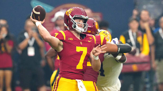 Sep 1, 2024; Paradise, Nevada, USA; Southern California Trojans quarterback Miller Moss (7) throws a pass against LSU