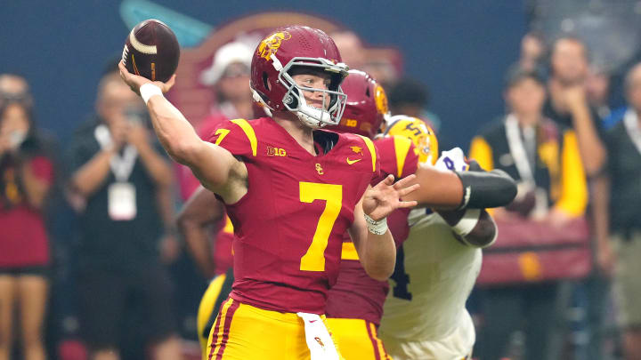 Sep 1, 2024; Paradise, Nevada, USA; Southern California Trojans quarterback Miller Moss (7) throws a pass against the LSU Tigers during the first quarter at Allegiant Stadium. Mandatory Credit: Stephen R. Sylvanie-USA TODAY Sports