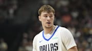 Dallas Mavericks forward Cooper Flagg looks on in the first quarter of the game against the Los Angeles Lakers.
