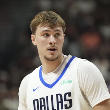 Dallas Mavericks forward Cooper Flagg looks on in the first quarter of the game against the Los Angeles Lakers.