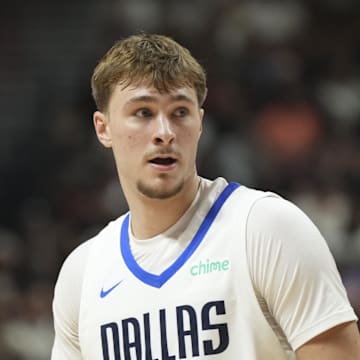 Jul 10, 2025; Las Vegas, NV, USA; Dallas Mavericks forward Cooper Flagg (32) looks on in the first quarter of the game against the Los Angeles Lakers at Thomas & Mack Center. Mandatory Credit: Candice Ward-Imagn Images