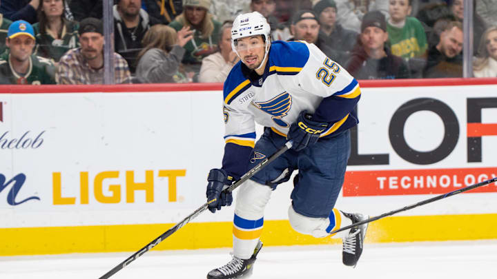 Mar 15, 2025; Saint Paul, Minnesota, USA; St. Louis Blues center Jordan Kyrou (25) gets a breakaway and will score on a wrap-around behind the Minnesota Wild net in the third period at Xcel Energy Center. Mandatory Credit: Matt Blewett-Imagn Images Mar 15, 2025; Saint Paul, Minnesota, USA; St. Louis Blues center Jordan Kyrou (25) gets a breakaway and will score on a wrap-around behind the Minnesota Wild net in the third period at Xcel Energy Center. Mandatory Credit: Matt Blewett-Imagn Images
